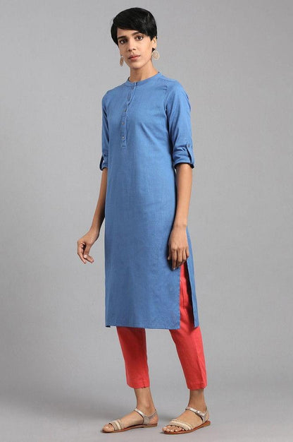 Blue Mandarin Neck Solid kurta - wforwoman