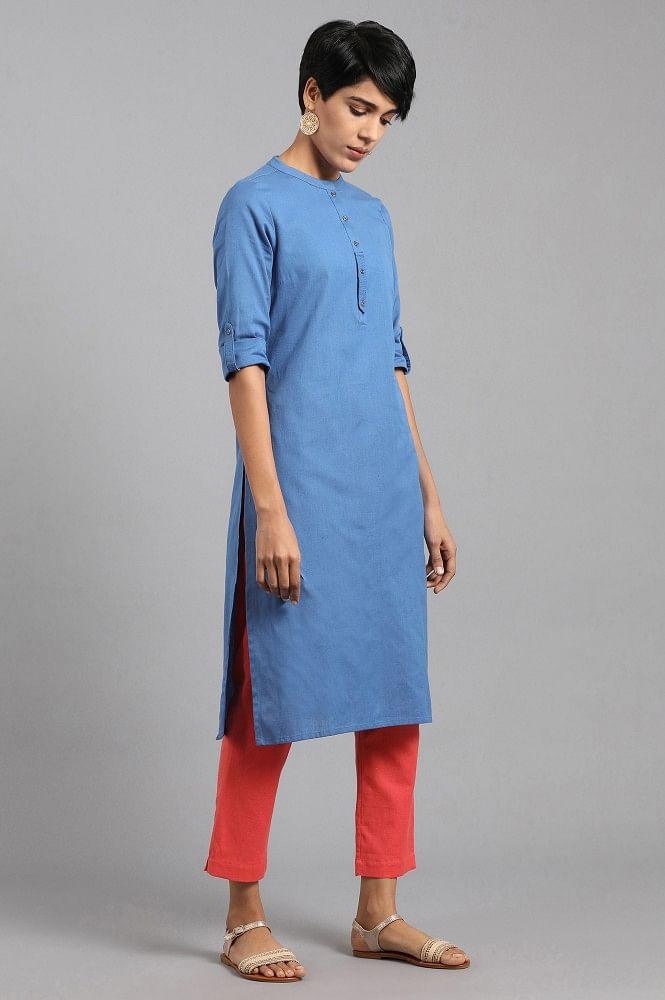 Blue Mandarin Neck Solid kurta - wforwoman