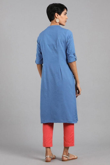 Blue Mandarin Neck Solid kurta - wforwoman