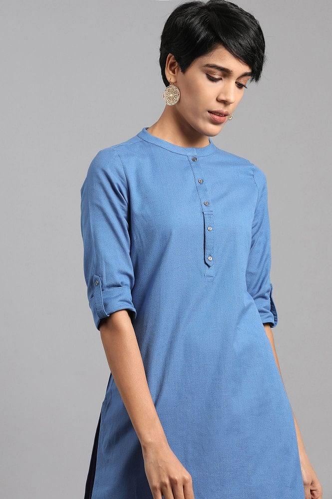 Blue Mandarin Neck Solid kurta - wforwoman