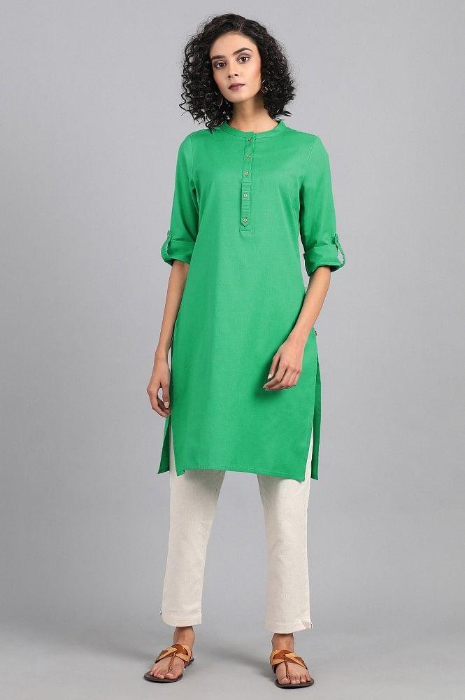 Green Mandarin Neck Solid kurta - wforwoman
