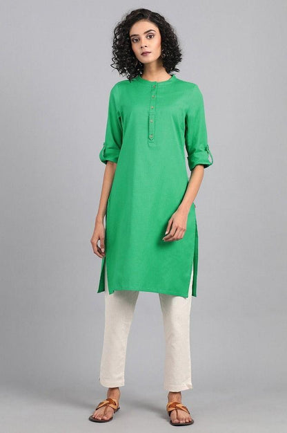 Green Mandarin Neck Solid kurta - wforwoman