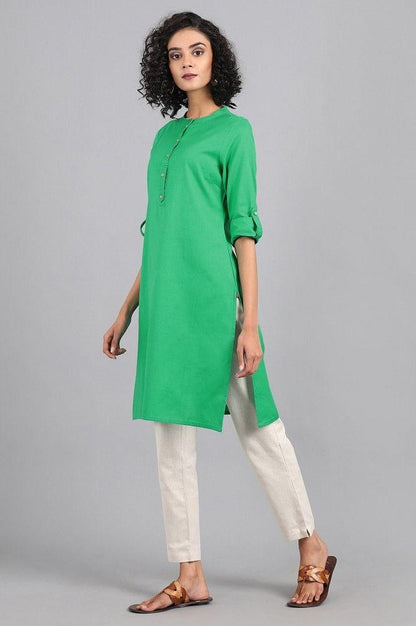 Green Mandarin Neck Solid kurta - wforwoman