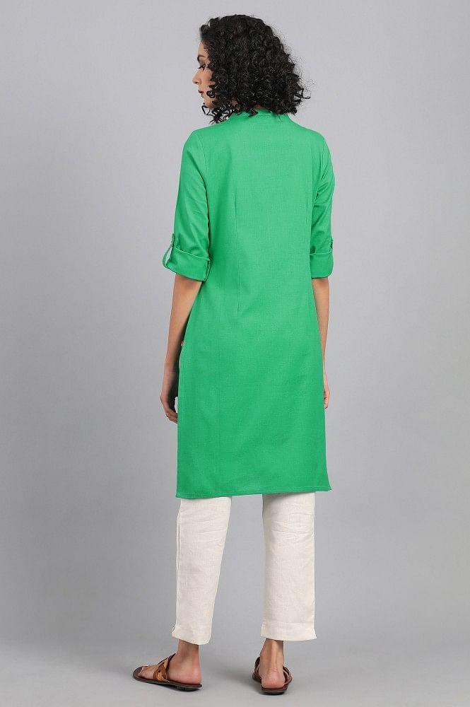 Green Mandarin Neck Solid kurta - wforwoman