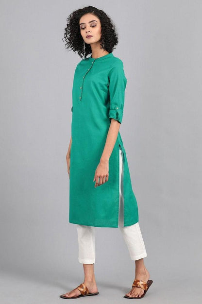 Green Mandarin Neck Solid kurta - wforwoman