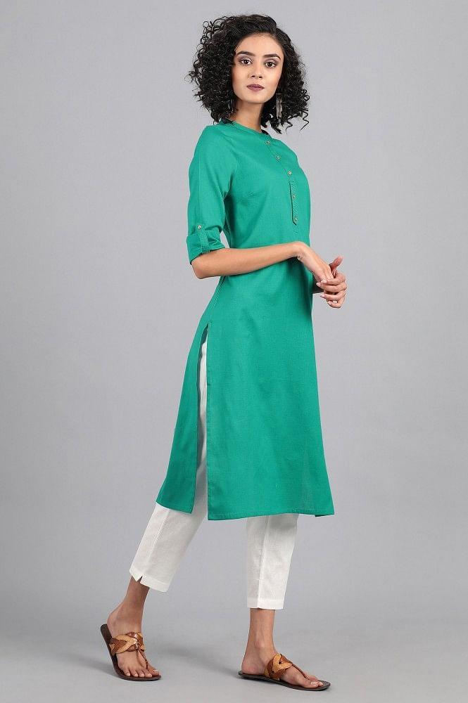 Green Mandarin Neck Solid kurta - wforwoman