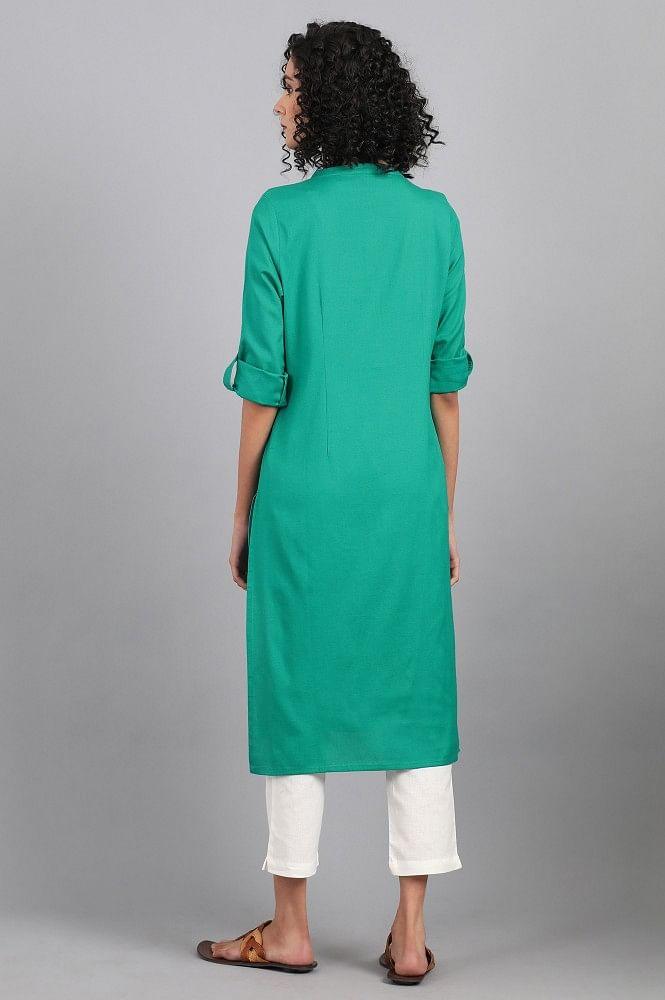 Green Mandarin Neck Solid kurta - wforwoman