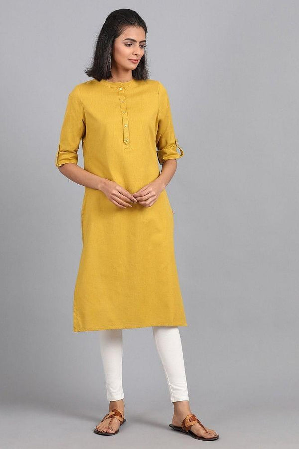 Yellow Mandarin Neck Solid kurta