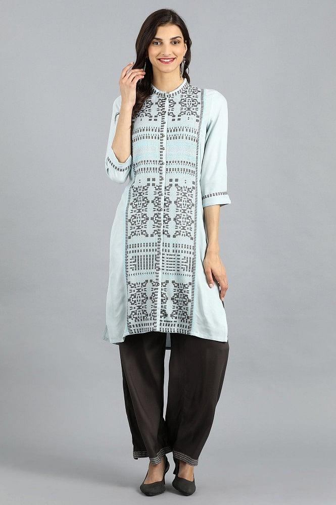 Blue Mandarin Neck Yarn-dyed kurta - wforwoman