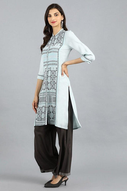 Blue Mandarin Neck Yarn-dyed kurta - wforwoman
