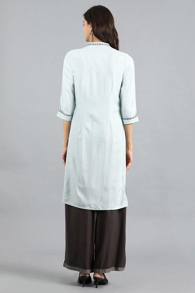Blue Mandarin Neck Yarn-dyed kurta - wforwoman