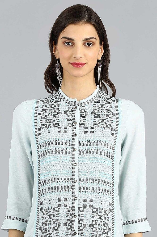 Blue Mandarin Neck Yarn-dyed kurta - wforwoman