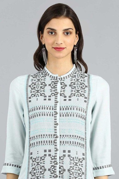 Blue Mandarin Neck Yarn-dyed kurta - wforwoman