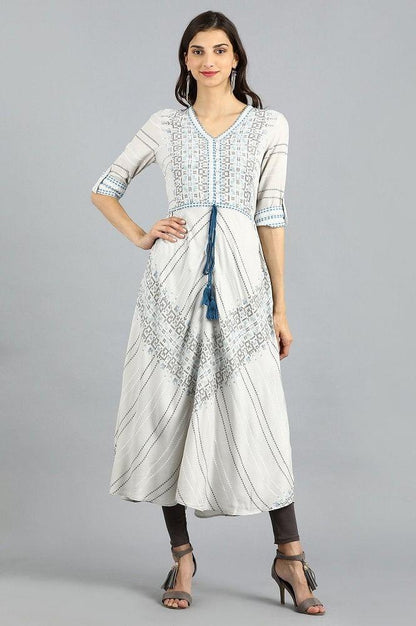 Grey V-Neck Printed kurta - wforwoman