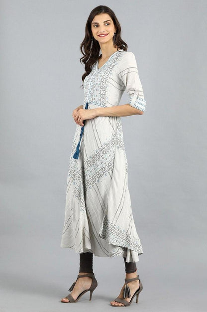 Grey V-Neck Printed kurta - wforwoman