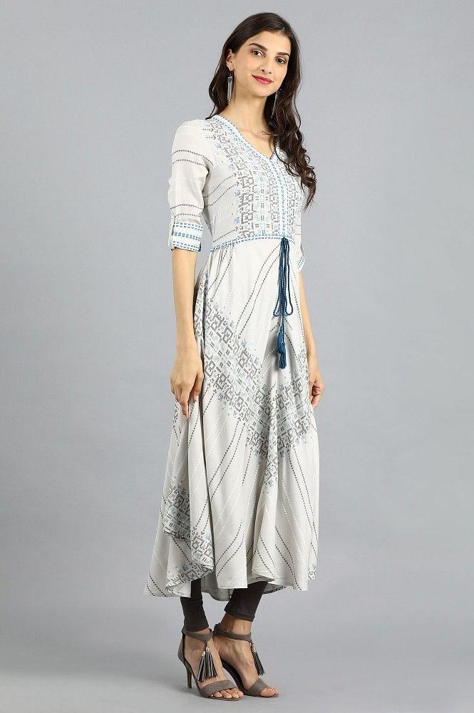 Grey V-Neck Printed kurta - wforwoman
