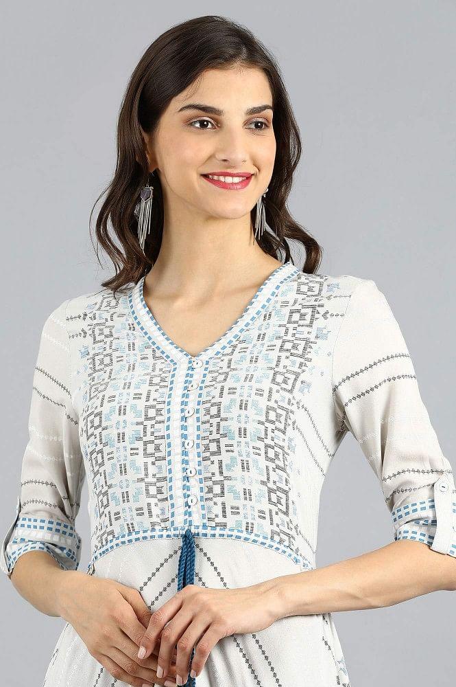 Grey V-Neck Printed kurta - wforwoman