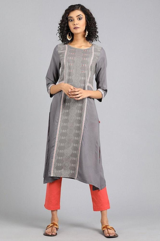 Grey Round Neck Yarn-dyed kurta - wforwoman