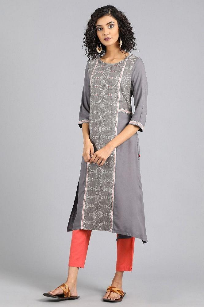 Grey Round Neck Yarn-dyed kurta - wforwoman