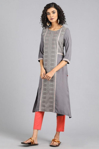 Grey Round Neck Yarn-dyed kurta - wforwoman