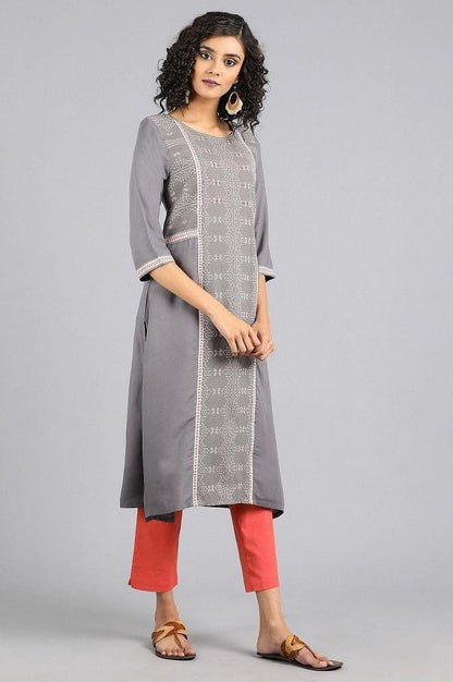 Grey Round Neck Yarn-dyed kurta - wforwoman