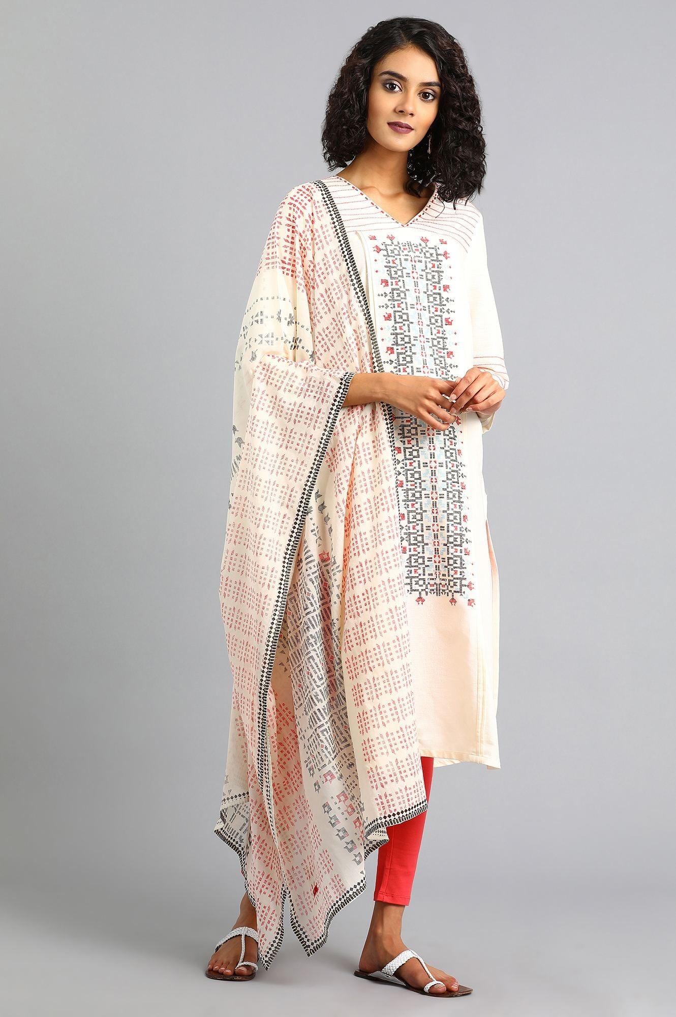 White V-Neck Printed kurta - wforwoman