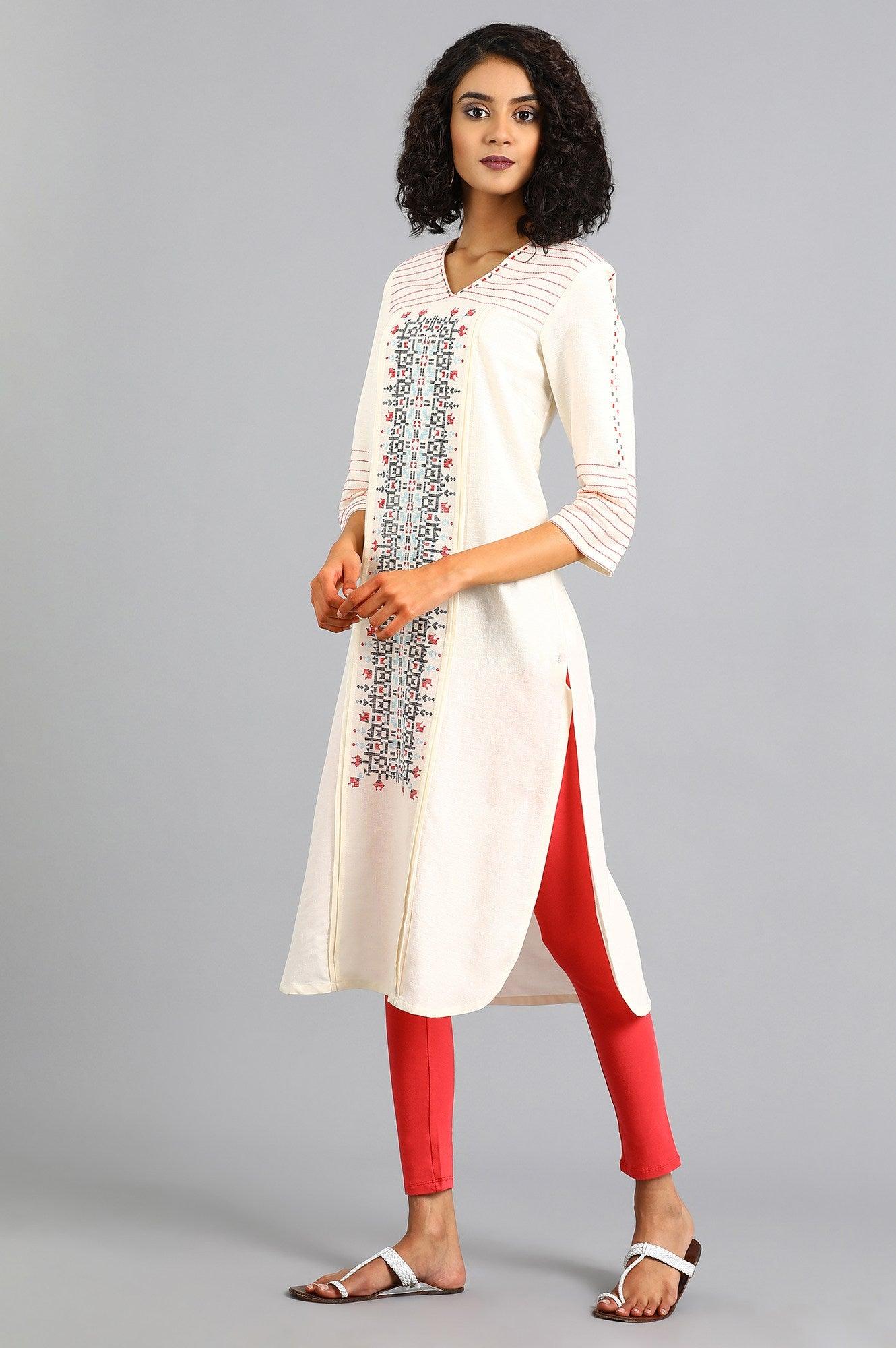 White V-Neck Printed kurta - wforwoman