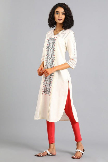 White V-Neck Printed kurta - wforwoman