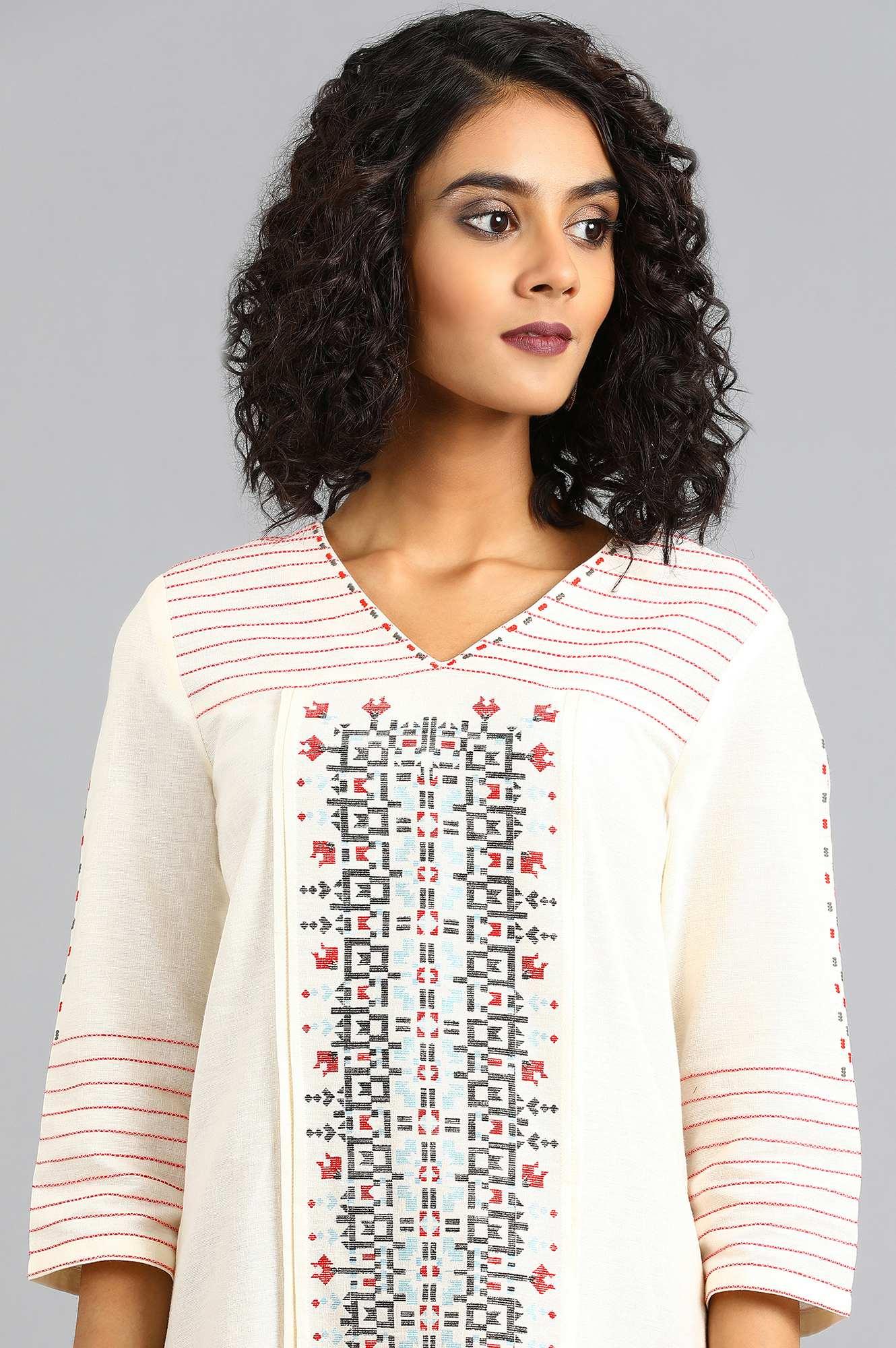 White V-Neck Printed kurta - wforwoman
