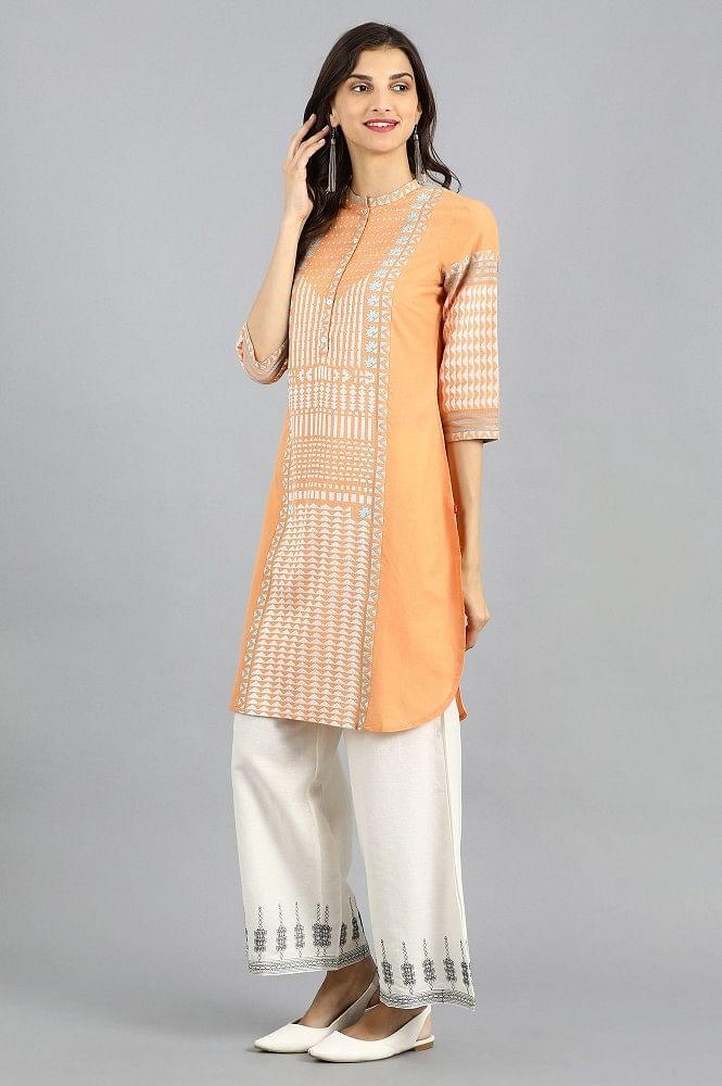 Orange Mandarin Neck Yarn-dyed kurta - wforwoman