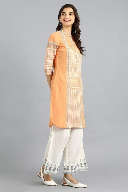 Orange Mandarin Neck Yarn-dyed kurta - wforwoman
