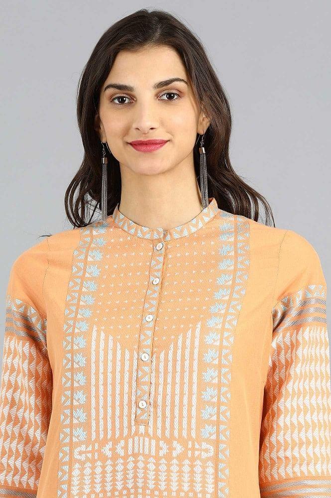Orange Mandarin Neck Yarn-dyed kurta - wforwoman
