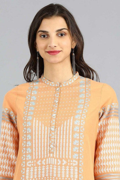 Orange Mandarin Neck Yarn-dyed kurta - wforwoman
