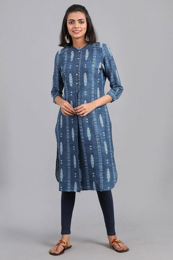 Blue Mandarin Neck Printed kurta