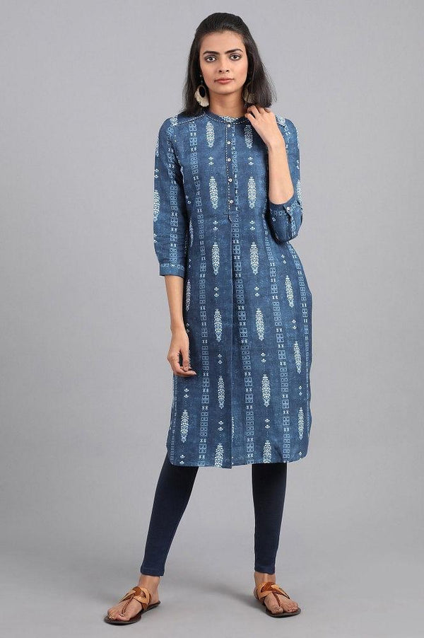 Blue Mandarin Neck Printed kurta