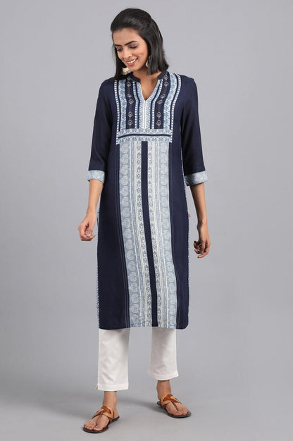 Blue Fusion Booti Geometric Print kurta in Mandarin Neck with Embroidery - wforwoman