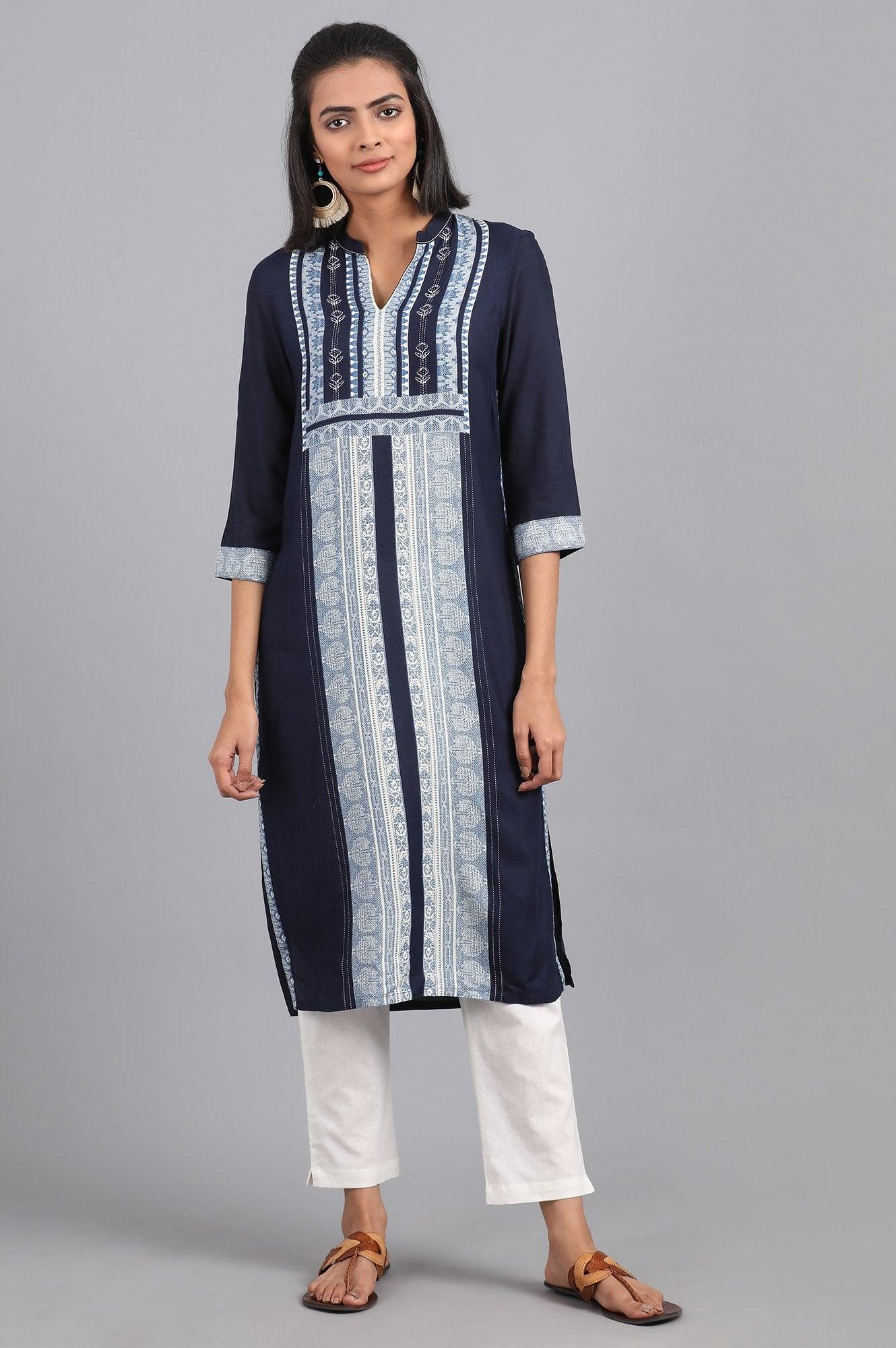 Blue Fusion Booti Geometric Print kurta in Mandarin Neck with Embroidery - wforwoman