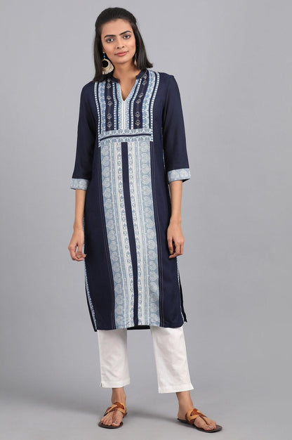 Blue Fusion Booti Geometric Print kurta in Mandarin Neck with Embroidery - wforwoman
