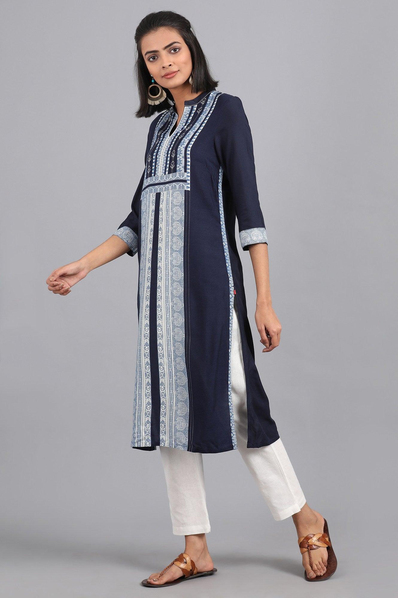 Blue Fusion Booti Geometric Print kurta in Mandarin Neck with Embroidery - wforwoman