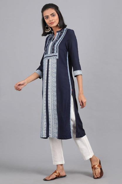 Blue Fusion Booti Geometric Print kurta in Mandarin Neck with Embroidery - wforwoman
