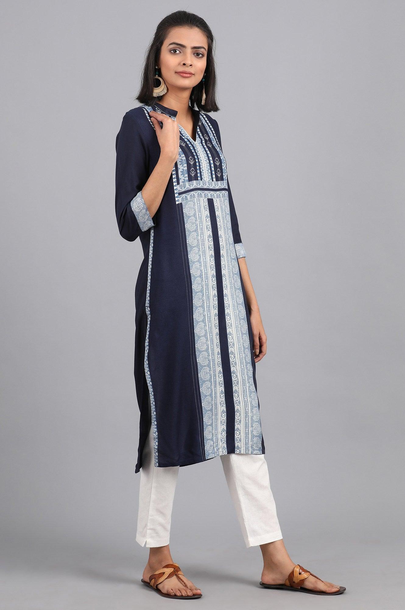 Blue Fusion Booti Geometric Print kurta in Mandarin Neck with Embroidery - wforwoman