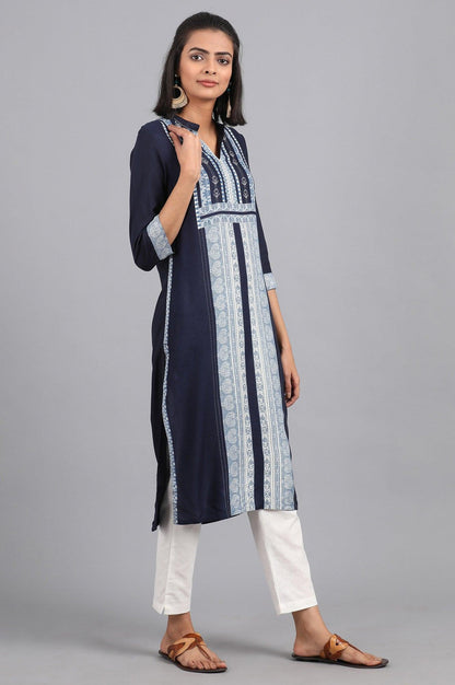 Blue Fusion Booti Geometric Print kurta in Mandarin Neck with Embroidery - wforwoman