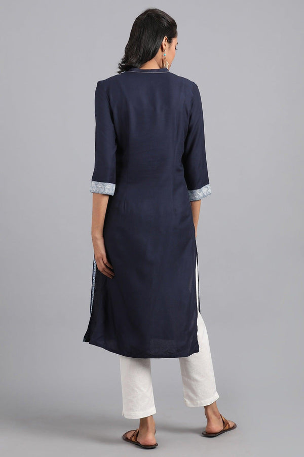 Blue Fusion Booti Geometric Print kurta in Mandarin Neck with Embroidery