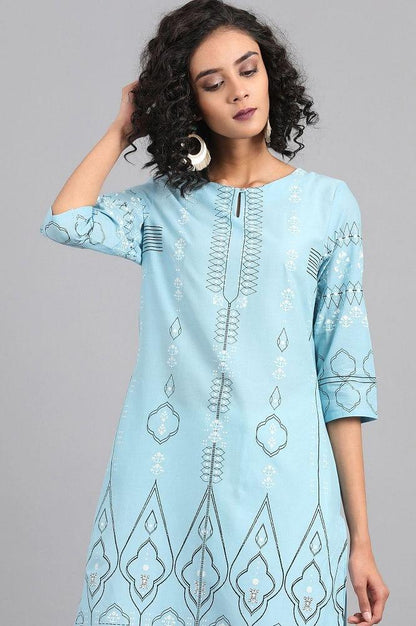 Blue Round Neck Printed kurta - wforwoman