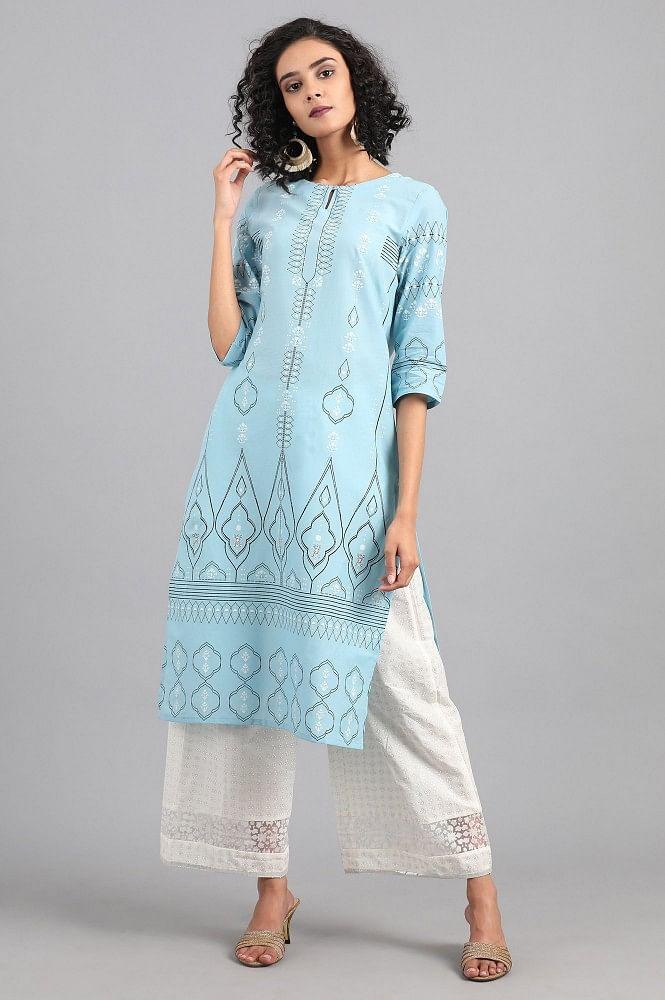 Blue Round Neck Printed kurta - wforwoman