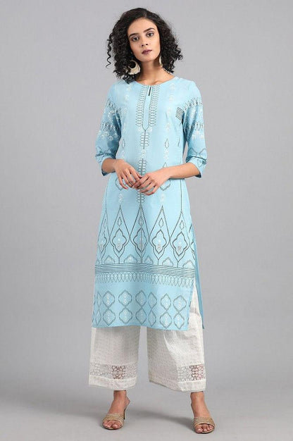 Blue Round Neck Printed kurta - wforwoman