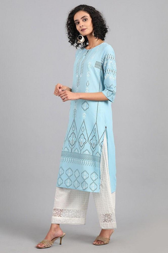 Blue Round Neck Printed kurta - wforwoman