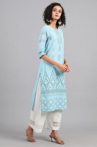 Blue Round Neck Printed kurta - wforwoman