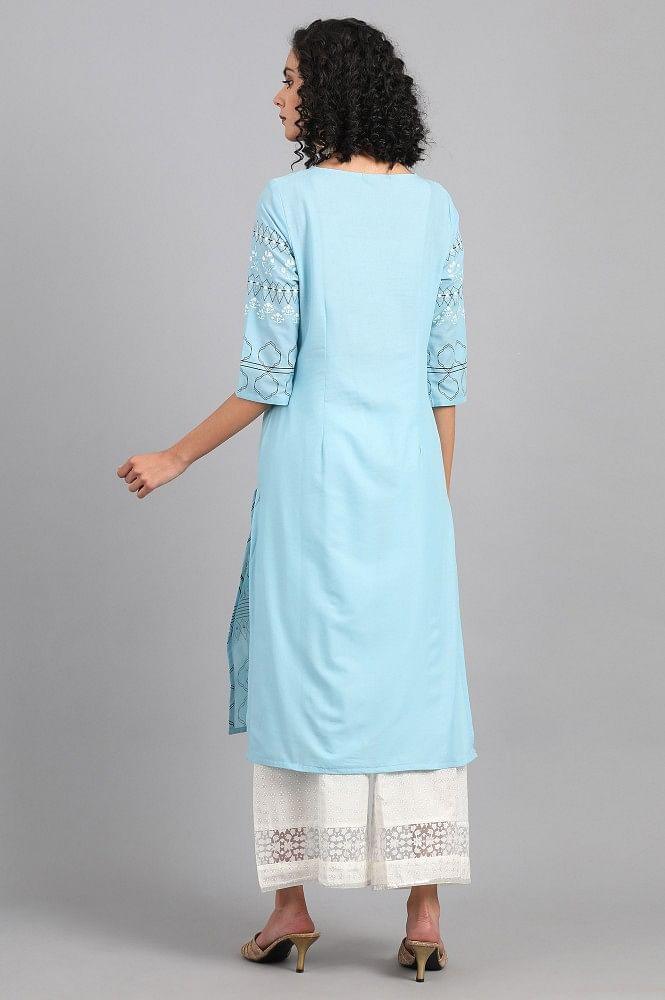Blue Round Neck Printed kurta - wforwoman
