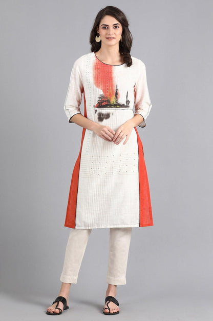 Orange &amp; White Round Neck Printed kurta - wforwoman